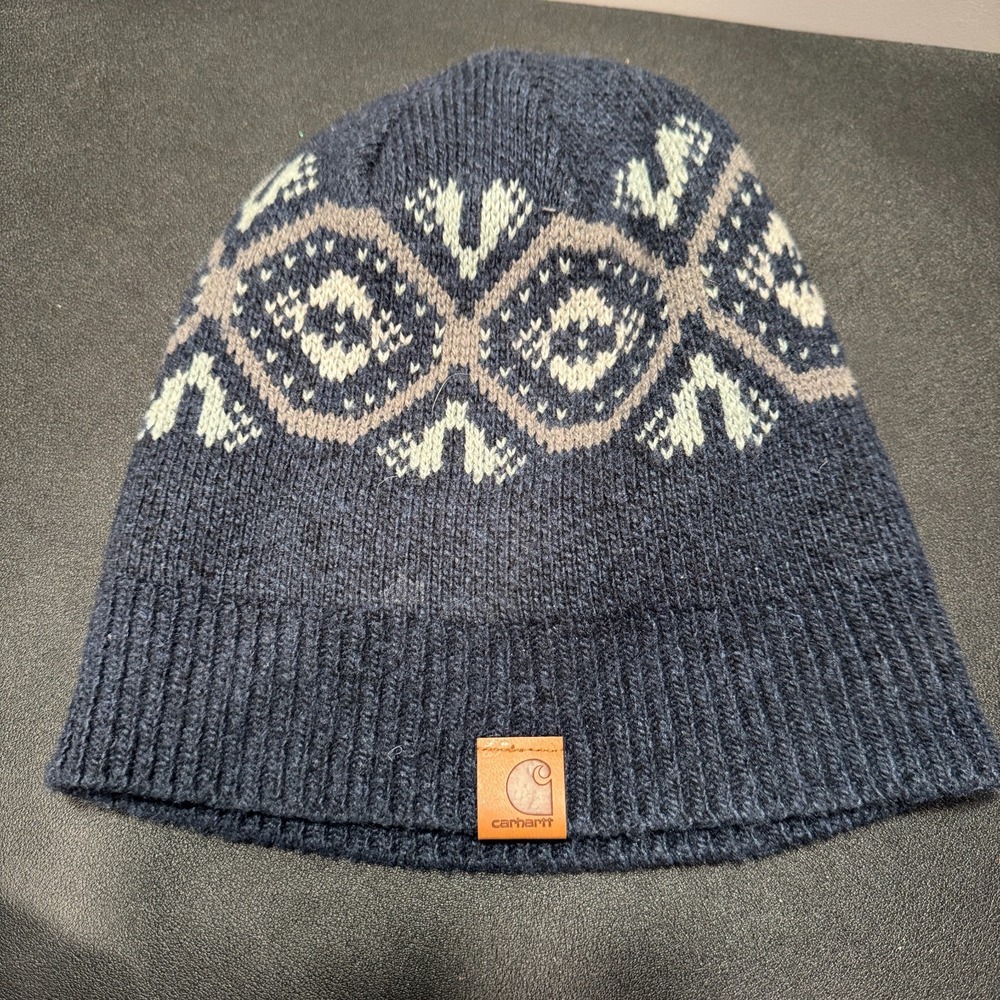 Carhartt Beanie Hat Cap Logo Patch Blue Geometric Patter Ribbed Outdoor Workwear